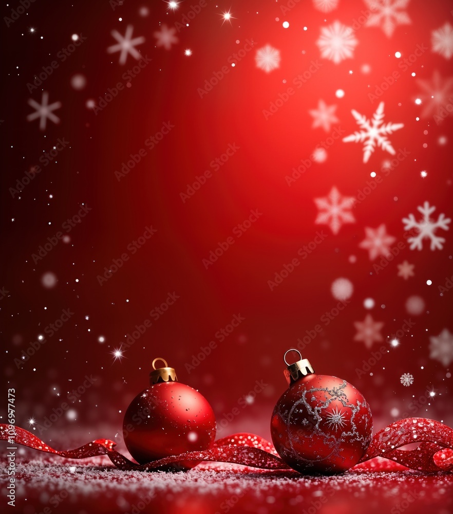 Poster red christmas background sparkles. two shiny red xmas balls rest on red ribbon. festive winter holid