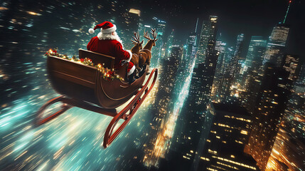 Obraz premium Santa Claus riding his sleigh with reindeer, AI generated