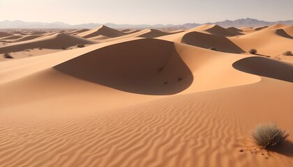 Desierto Minimalista Dunas de arena con curvas perfectas en tonos monocromáticos o cálidos, destacando líneas y texturas con sombras suaves 