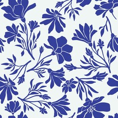 Seamless floral laconic blue and white handmade ink drawing for fabric design, decor, ceramics, greeting cards, flowers, texture print on a gray background