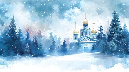 watercolor illustration, vintage postcard, Orthodox Christmas, Orthodox church, snow-covered coniferous forest, night landscape, copy space, free space for text