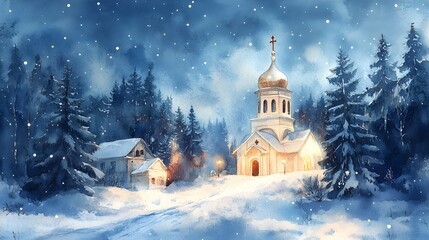 Fototapeta premium watercolor illustration, vintage postcard, Orthodox Christmas, Orthodox church, snow-covered coniferous forest, night landscape, copy space, free space for text