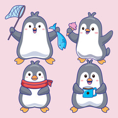 Set of cute penguins doing fun activities, with kawai and cartoon style illustrations