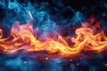Fototapeta premium brightly colored flames of fire isolated on a dark background, creating an intense and captivating visual, with swirling embers and light playing across the scene, symbolizing warmth and energy