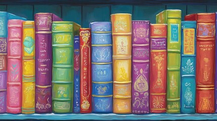 A colorful bookshelf filled with ornate, vintage-style books.