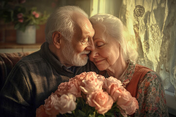 Sweet moment of an elderly couple hugging with roses on Valentine's Day