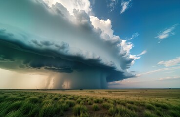 Nebraska sandhills. Majestic supercell thunderstorm. Dark grey ominous clouds swirl. Dramatic sky. Rural landscape. Nature weather storm. Horizontal photo. Amazing awe inspiring scene.