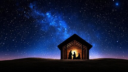 Fototapeta premium Silhouette of figures in a stable under a starry sky, symbolizing peace and hope.