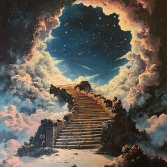 Dreamlike image staircase leading into heavenly sky image