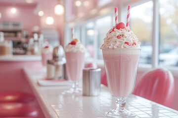 Retro american diner interior, pastel pink decor, classic milkshake presentation.