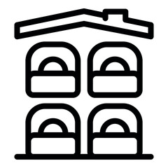 Simple black and white icon of hostel building offering four beds, suitable for budget travelers seeking affordable lodging