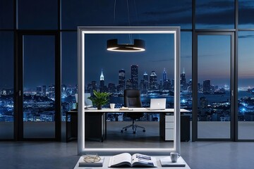 Elegant Office Framing in Twilight Work Environment with City Skyline for Executive Presentations