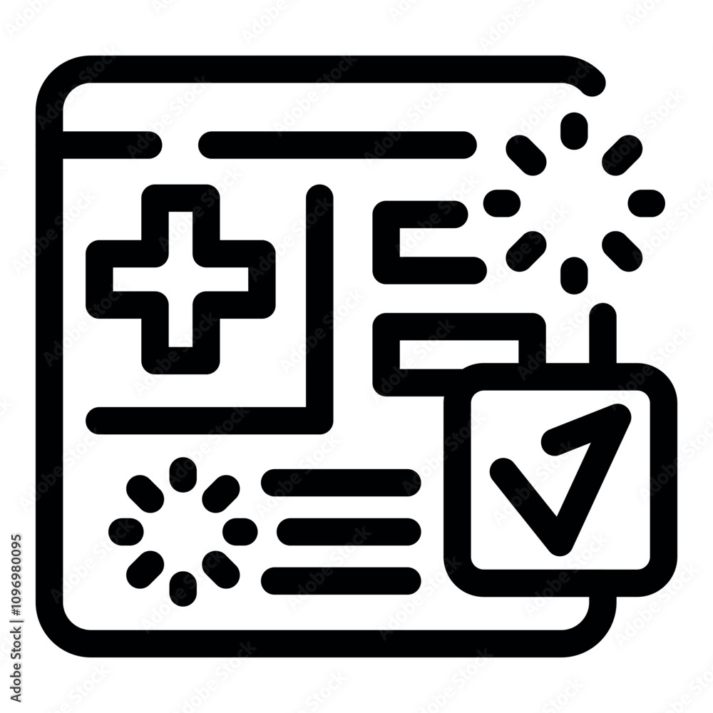 Poster digital medical document being updated and approved, showing processing and validation icons