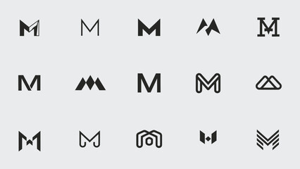 Collection of modern minimalist initial letter M logos on solid white background