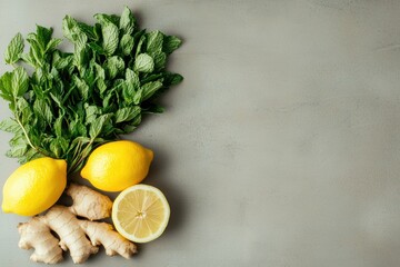 Fresh mint, ginger root, and lemons creating a refreshing herbal tea blend