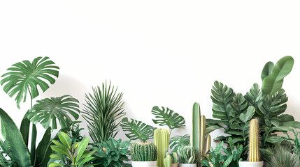 Fototapeta premium Lush tropical plants and cacti arranged in a modern minimalist setting vivid colors against a stark white background. Vivid Urban Jungle. Illustration