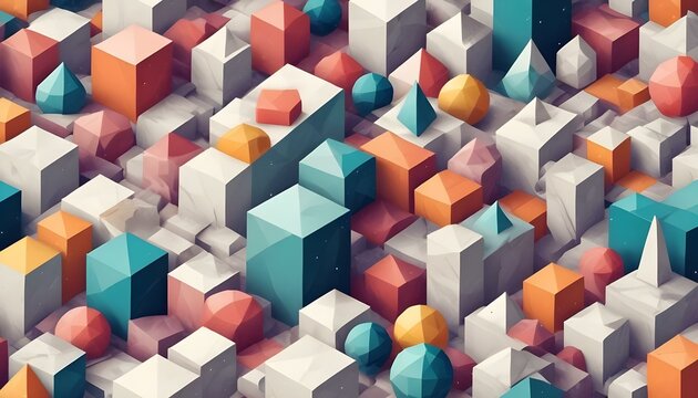 Geometría Abstracta con Texturas Naturales "Composición artística con figuras geométricas tridimensionales, como cubos y esferas, flotando en un espacio limpio y bien iluminado. Texturas inspirada