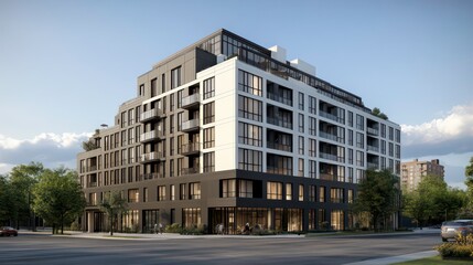 Modern apartment building with black and white facade, large windows, and street level retail space.