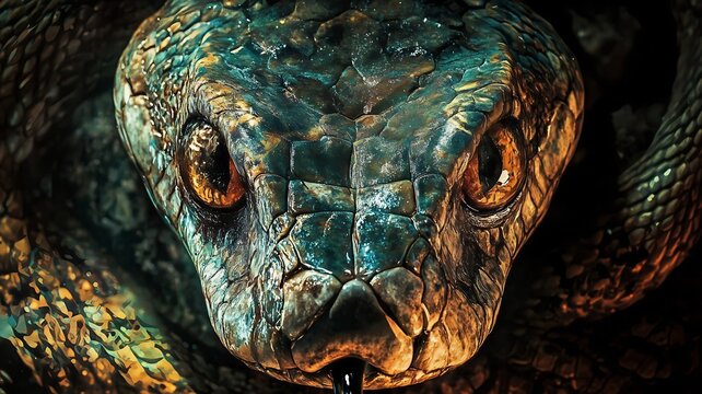 Abstract horror thriller movie poster image, menacing snake head close-up, humanoid