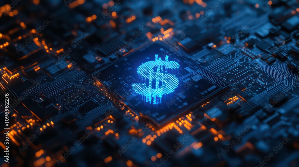 Poster 3d rendering of a glowing blue dollar hologram on a dark circuit background. the image is a concept 