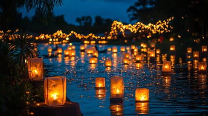 Obraz premium Floating Lanterns Illuminate Dark Water At Night