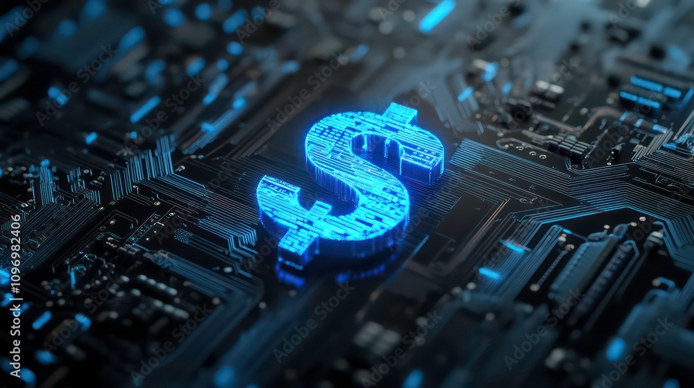 Aufkleber 3d rendering of a glowing blue dollar hologram on a dark circuit background. the image is a concept 