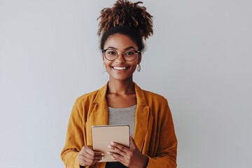Happy young Afro American business woman holding digital tablet standing isolated on white background, smiling busy sales professional ethnic lady corporate leader working on pad device.