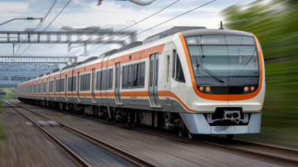Naklejka premium Electric train gliding along tracks in an urban area during a cloudy day with green surroundings