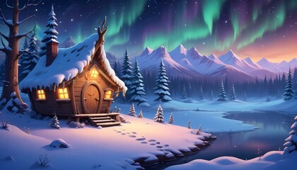Paisaje Invernal de Fantasía Un paisaje nevado con árboles cubiertos de nieve, una cabaña decorada con luces navideñas y un cielo nocturno brillante lleno de estrellas y auroras boreales 