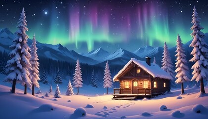 Paisaje Invernal de Fantasía Un paisaje nevado con árboles cubiertos de nieve, una cabaña decorada con luces navideñas y un cielo nocturno brillante lleno de estrellas y auroras boreales 