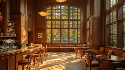 Sunlit interior of a wood-paneled bar with large windows and seating.