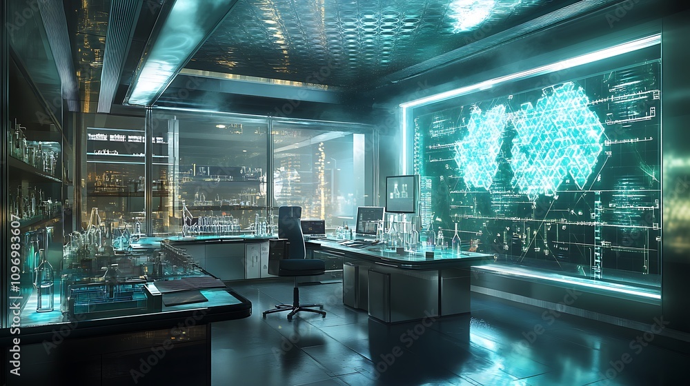 Poster a futuristic chemistry lab with ai-powered systems for real-time monitoring of reaction conditions a