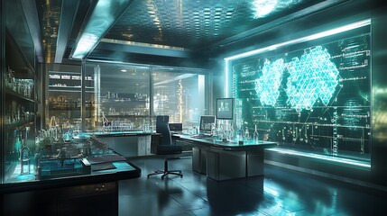 Fototapeta premium A futuristic chemistry lab with AI-powered systems for real-time monitoring of reaction conditions and product analysis 