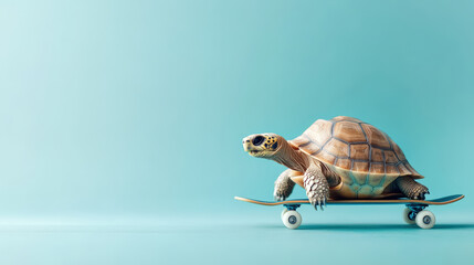 A turtle glides confidently on a skateboard across a serene, aquamarine backdrop, exuding a sense of calm amidst vibrant adventure.