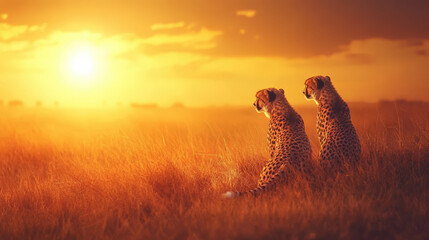 Against a glowing sunset, two cheetahs rest in a golden field, epitomising grace and the tranquility of the savanna.