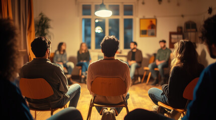 In warm lighting, individuals sit in a circular arrangement, engaged in a meeting, sharing experiences in an intimate, cozy room ambiance.