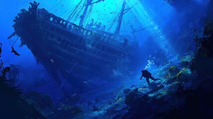 A diver explores a sunken shipwreck amidst vibrant marine life in a deep ocean scene.