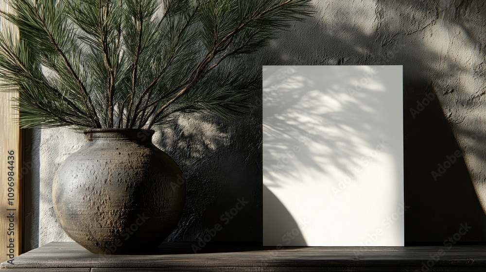Poster A minimalist scene featuring a blank canvas beside a textured vase and greenery.