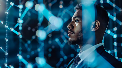 Businessman in blockchain cryptocurrency concept.