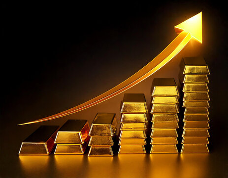 Gold bars are increasing in value, represented by a golden upward arrow over stacked bars