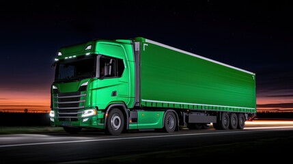 Green cargo truck illuminated at night on a highway, captured with light trails in the background against a sunset and starry sky