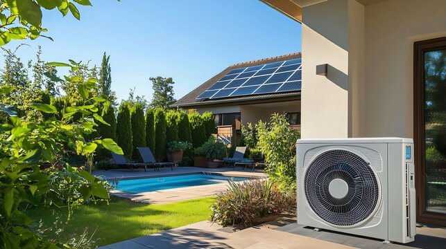 Heat pump using renewable energy for cooling modern house with solar panels and swimming pool
