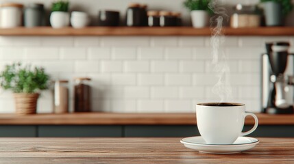 Obraz premium Steaming cup of coffee in cozy rustic kitchen setting