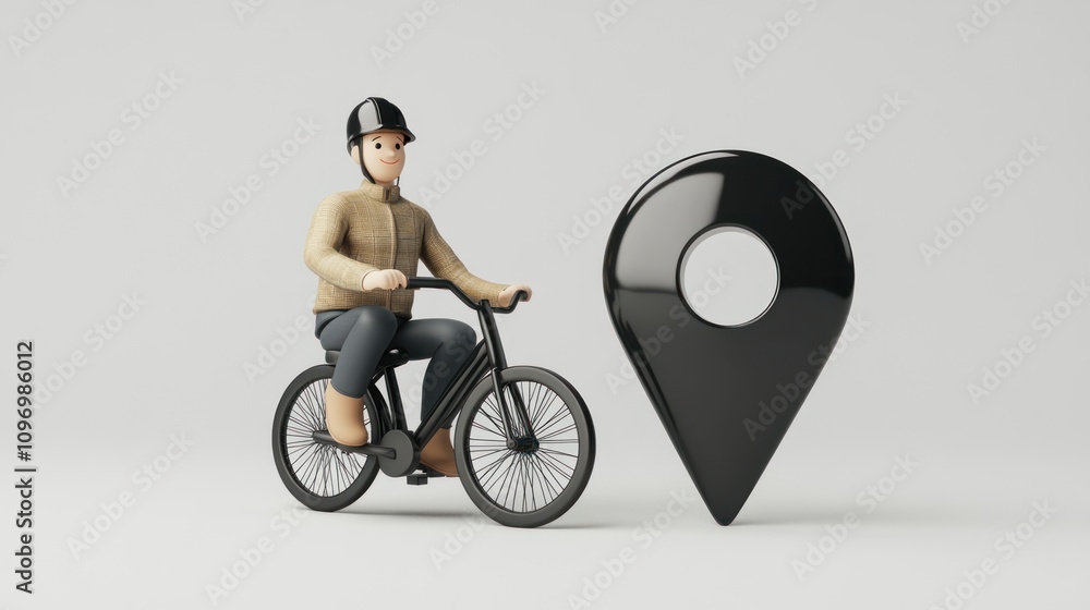 Poster A 3D character riding a bicycle next to a location pin symbolizing navigation.