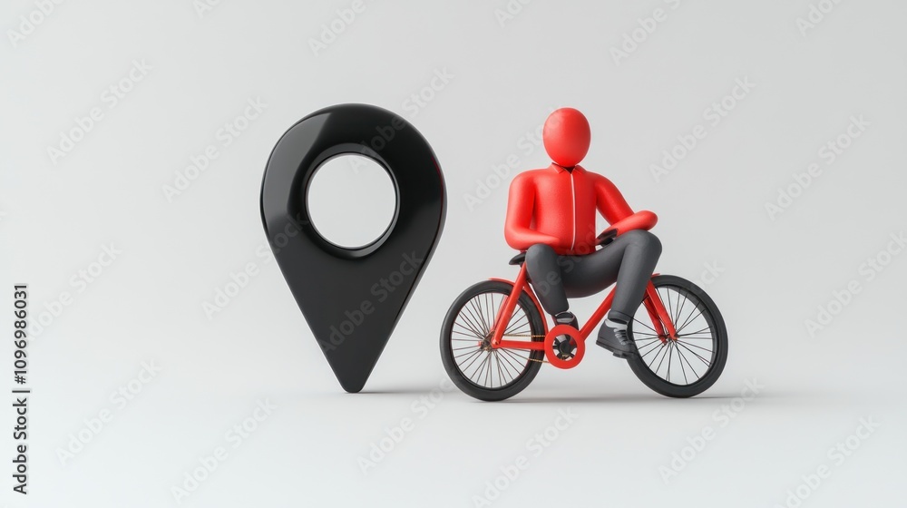 Poster a stylized figure on a bicycle next to a location pin, representing navigation and cycling.