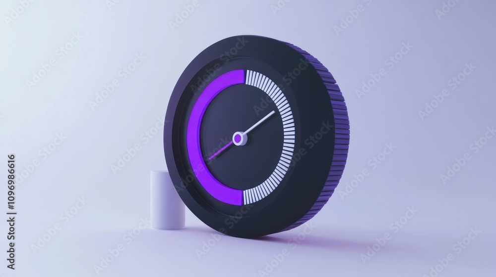 Poster A modern clock design with a circular face and a purple color scheme.