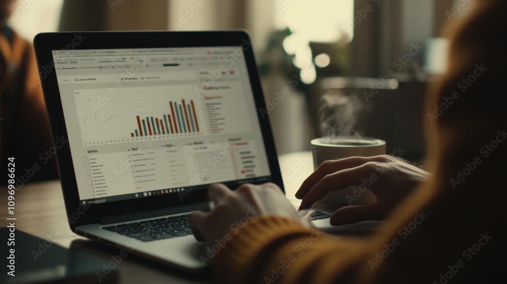 Poster a person analyzing data on a laptop with a steaming cup nearby.