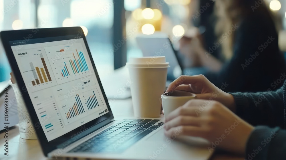 Poster a person analyzing data on a laptop while holding a coffee cup in a cozy setting.
