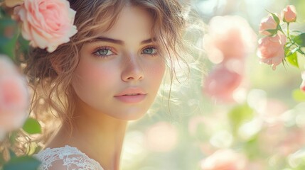 A serene portrait of a young woman surrounded by blooming roses.