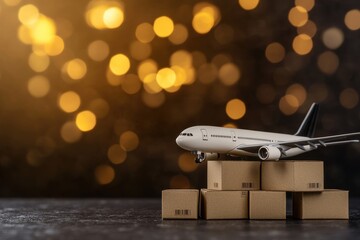 Obraz premium Miniature airplane model resting on stacked cardboard boxes with golden bokeh lights in the background